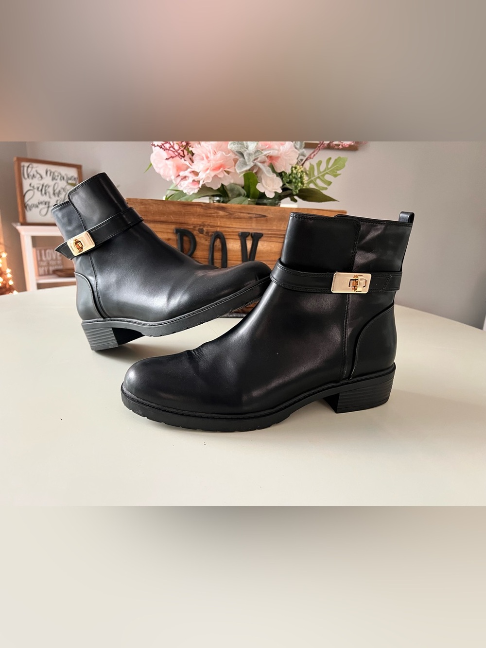 Black Women's Ankle Boots with Gold Buckle
